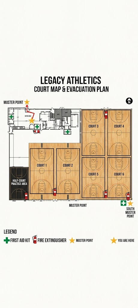 Legacy Athletics court map and evacuation plan. Courts 1 to 6 with a half-court practice area, muster points to the north and south, and first aid and fire extinguisher locations marked.